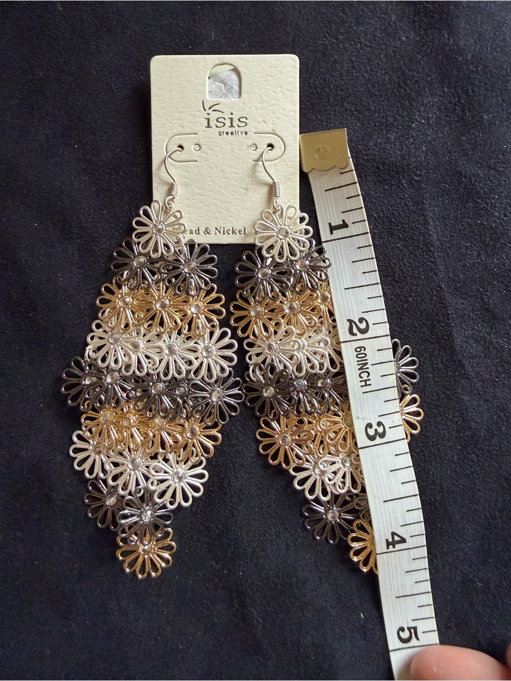 Layered Sunflower Dangle Earrings 4” Gold Silver Mixed Metal Floral Statement - Picture 4 of 4